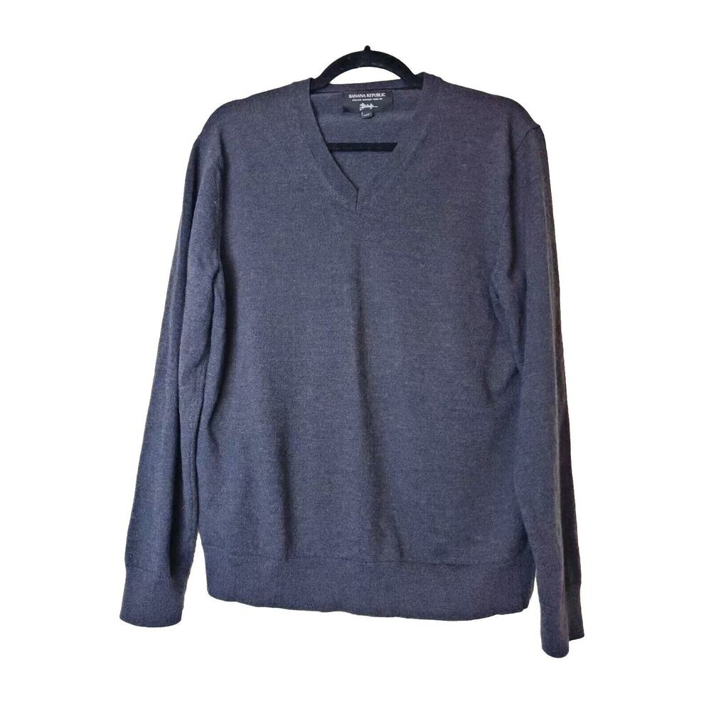 Banana Republic Men Large Pullover‎ Sweater Gray Italian 100% Merino Wool V-Neck